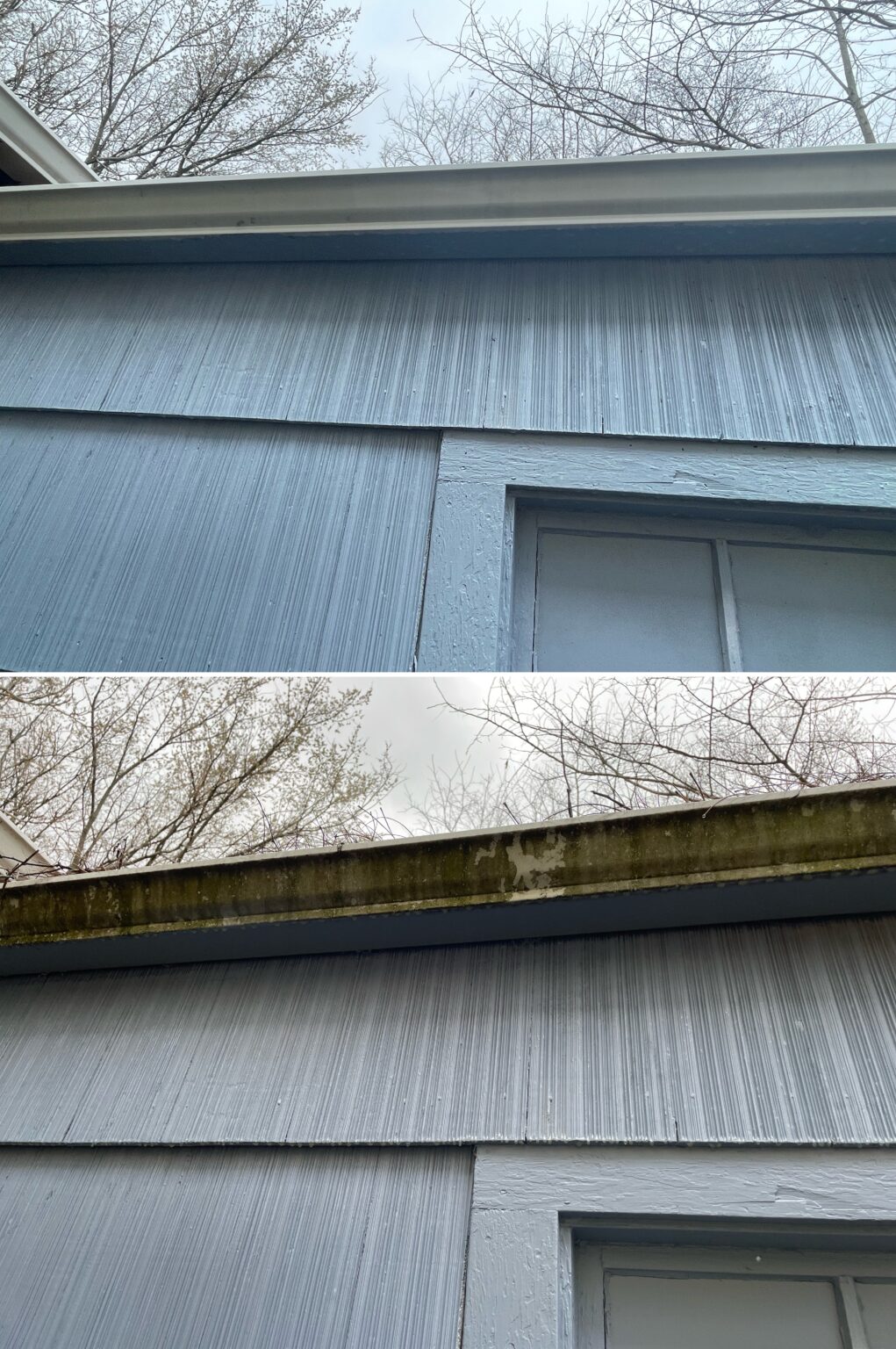Before and after gutter cleaning showing clear gutters on a home in Lima, Ohio