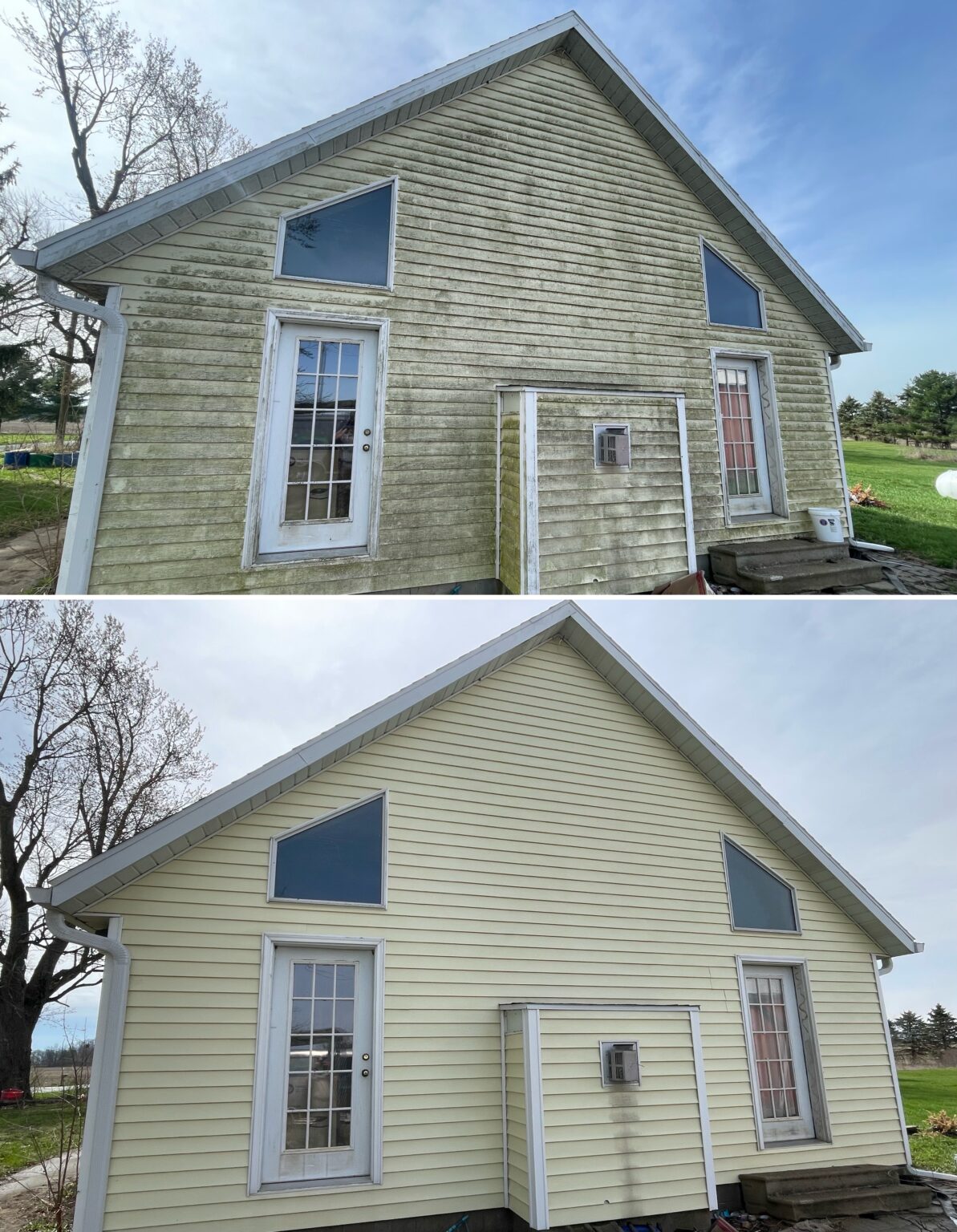 Before and after house wash removing algae from vinyl siding in Findlay, Ohio