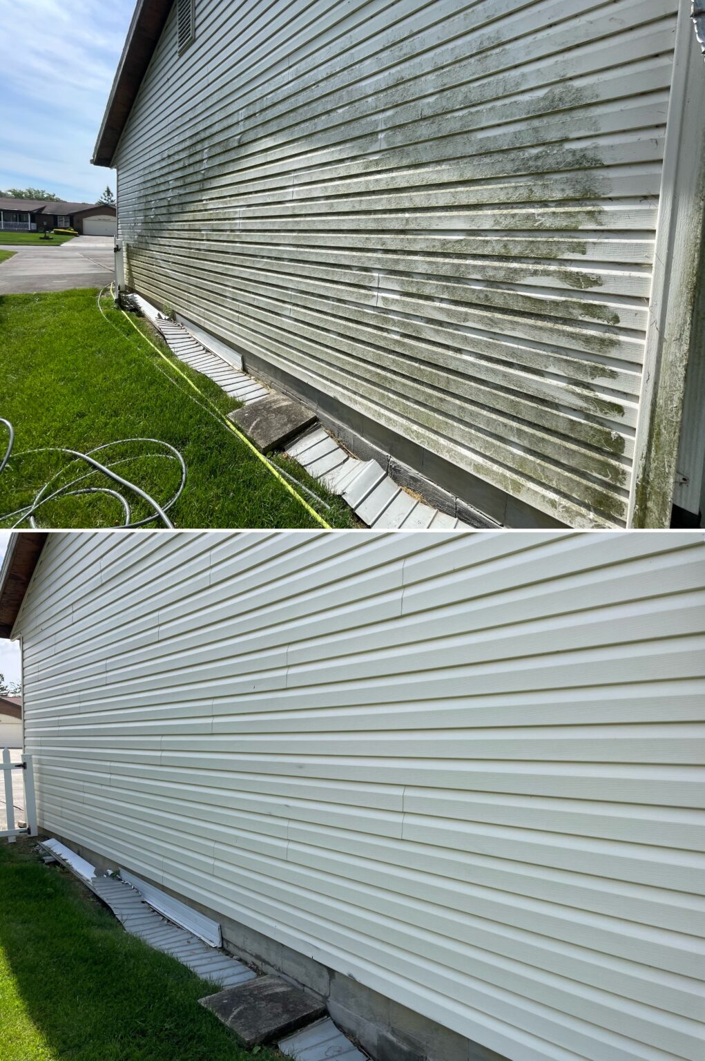 House pressure washing result on a two-story home in Findlay, Ohio