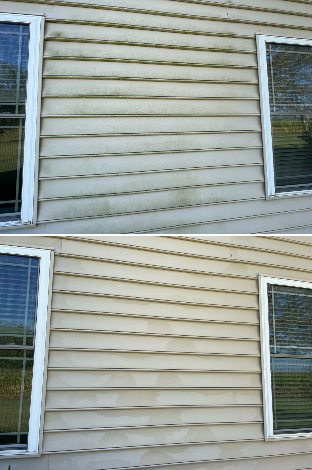 Siding wash clearing algae streaks on a home in Lima, Ohio