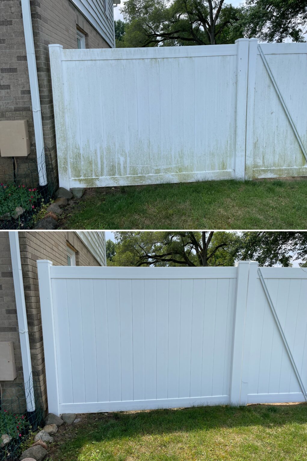 Before and after vinyl fence cleaning showing algae and dirt removal on a white fence in Lima Ohio by Ohio Wash Boss
