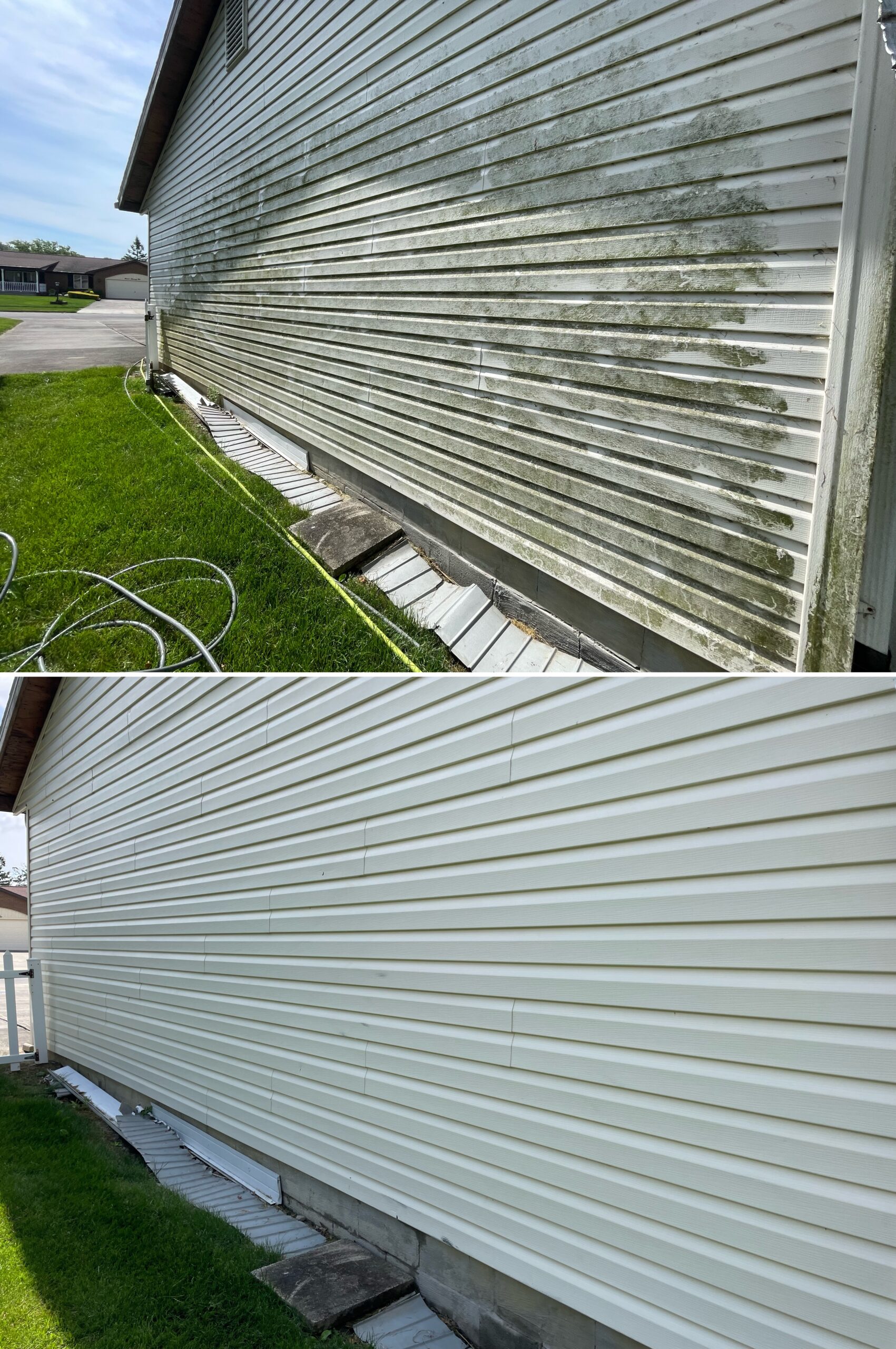 Dual‑image comparison showing a professional soft wash removing organic buildup and restoring clean, uniform siding on a home in Ada Ohio by Ohio Wash Boss