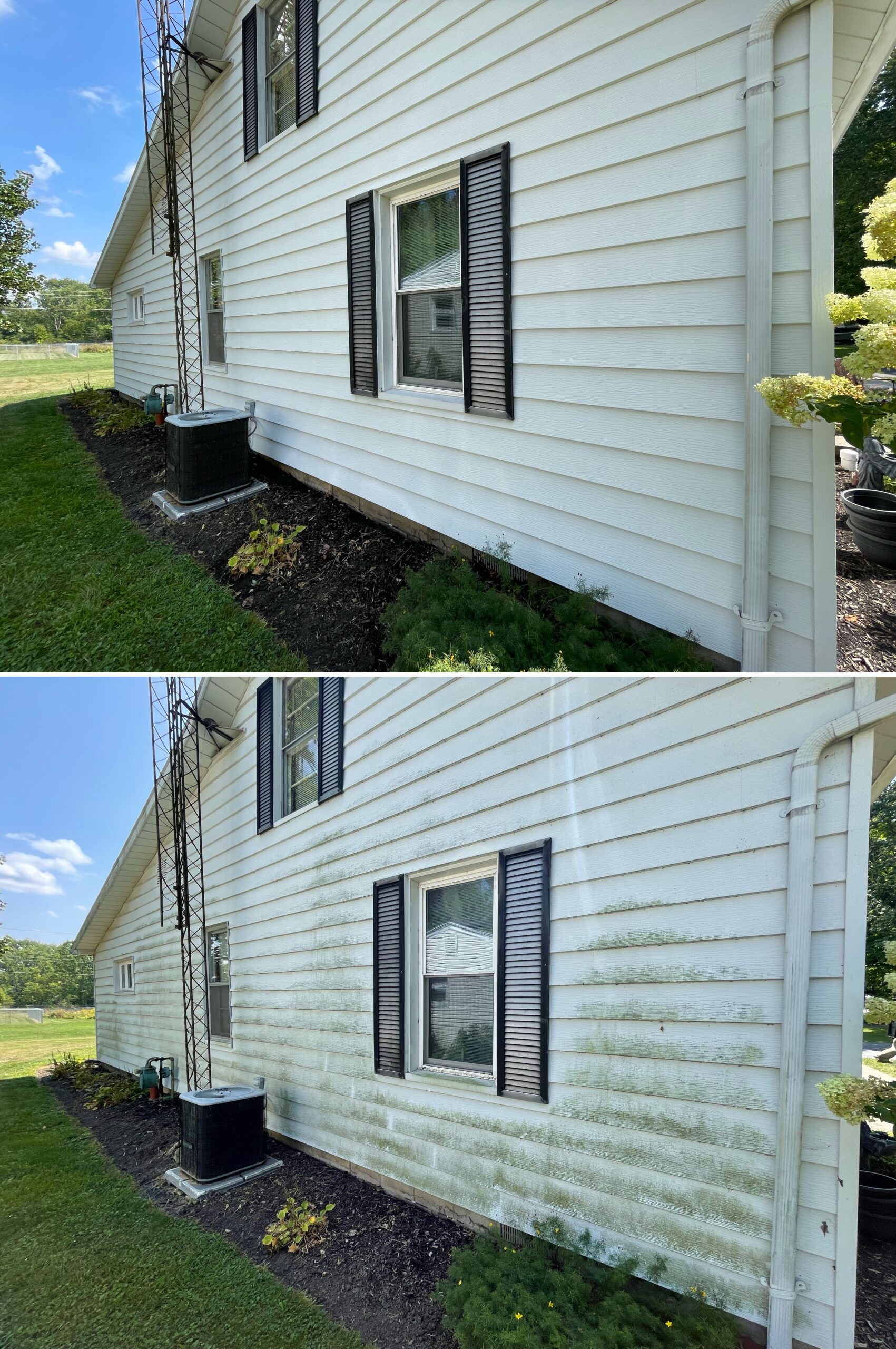 Before‑and‑after exterior cleaning results showing a soft wash removing built‑up grime, algae, and weather staining to restore clean siding on a home in Bluffton Ohio by Ohio Wash Boss.