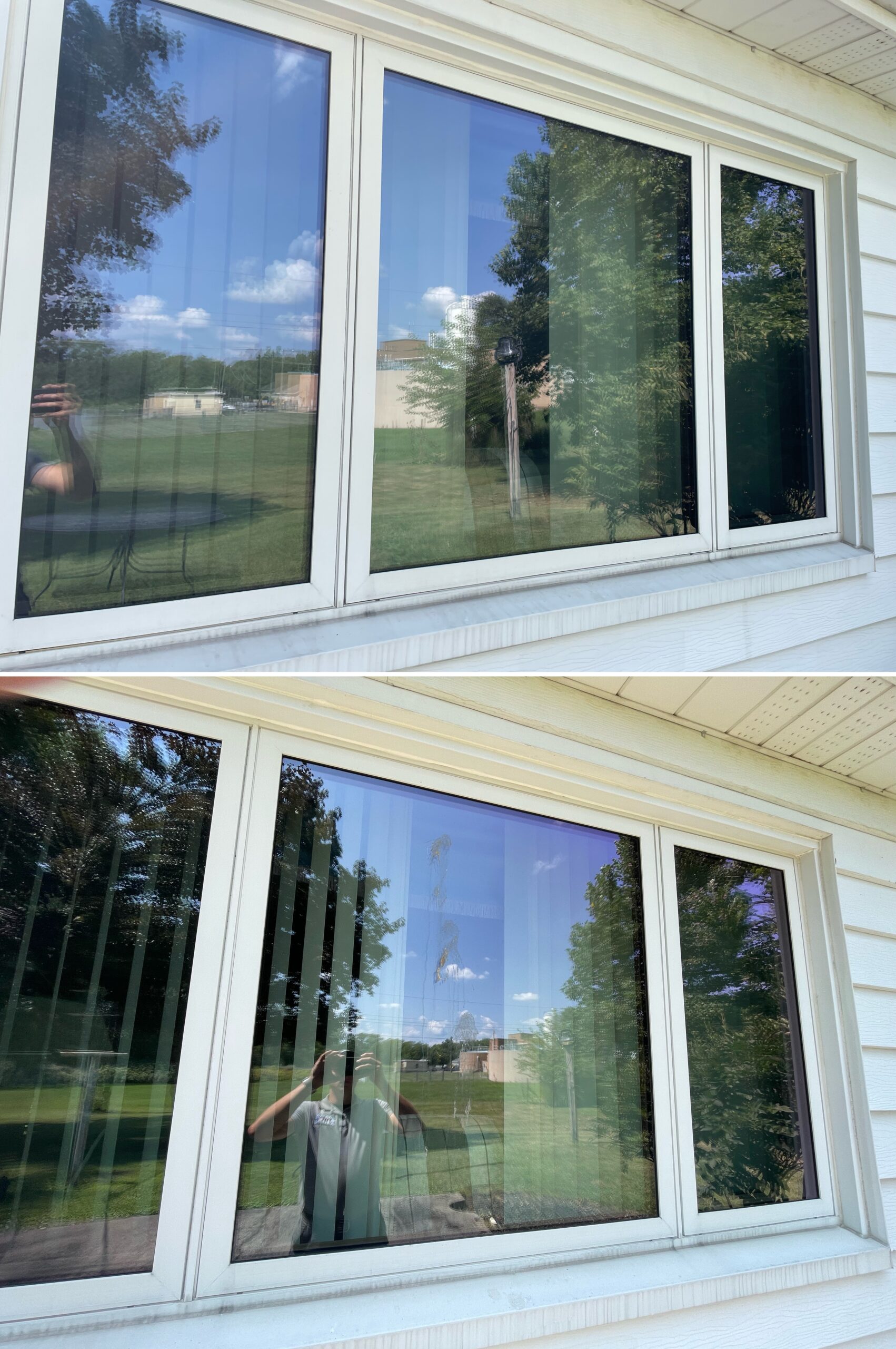 Before and after exterior window cleaning showing dirt and streak removal on residential windows in Bluffton Ohio by Ohio Wash Boss.