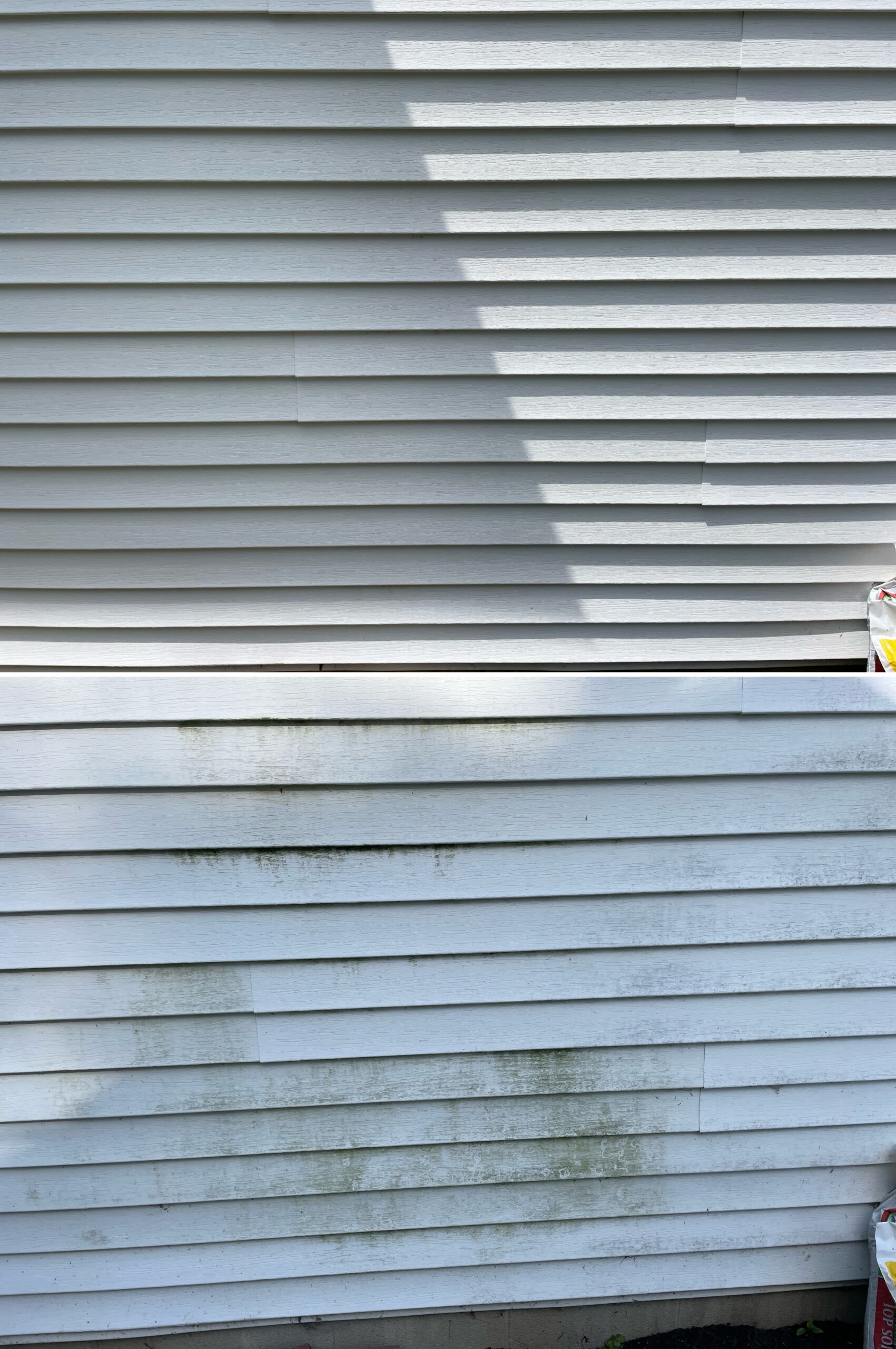 Before‑and‑after exterior cleaning photo showing a soft wash removing algae, grime, and weather buildup to restore clean siding on a home in Ottawa Ohio by Ohio Wash Boss.