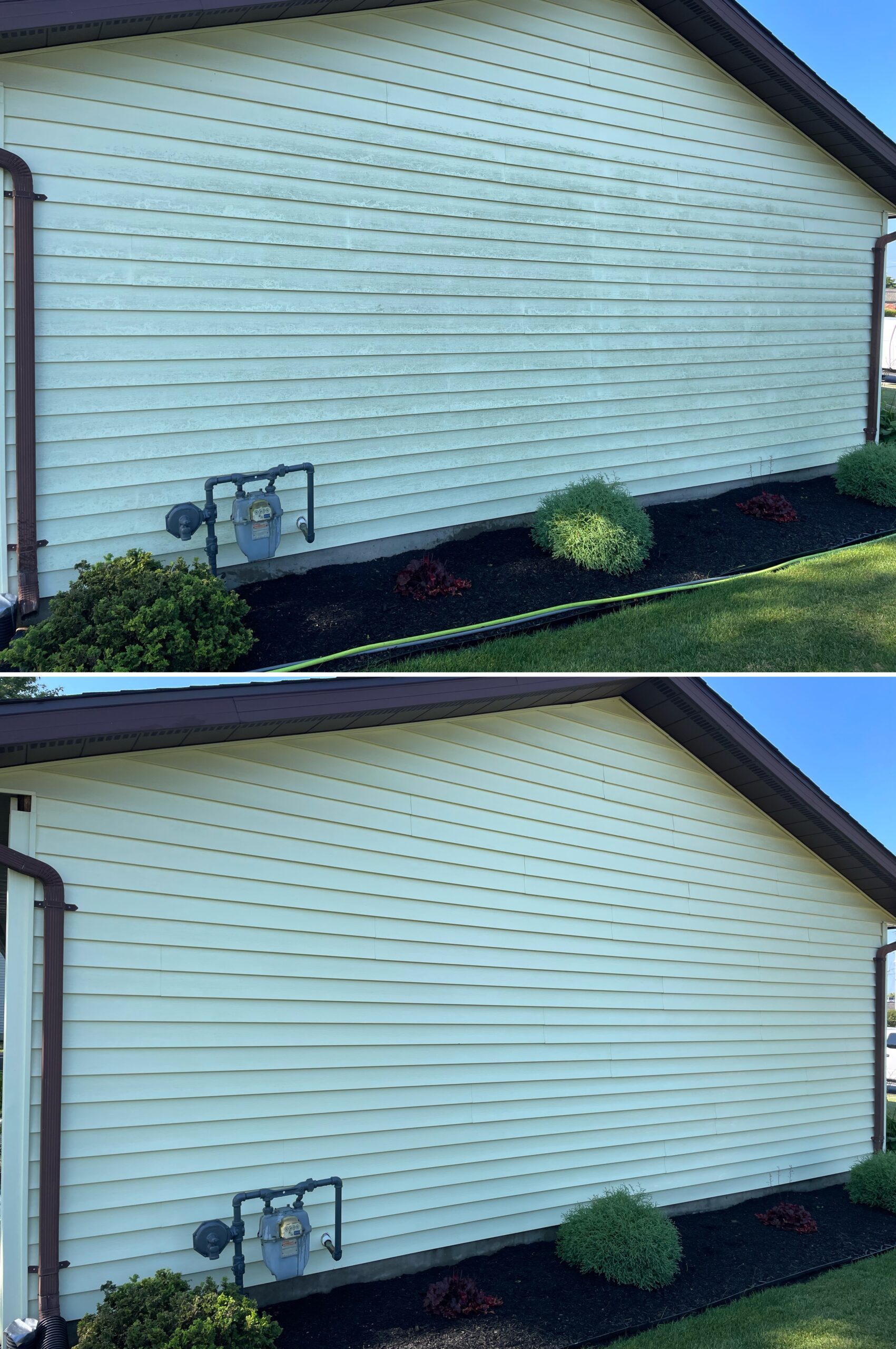 Side‑by‑side exterior cleaning results showing a soft wash removing algae, surface grime, and weather staining to restore clean siding on a home in Findlay Ohio by Ohio Wash Boss