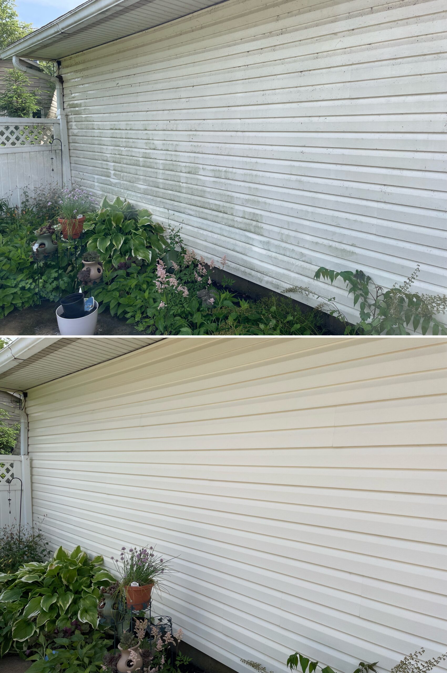 Before‑and‑after exterior cleaning photo showing a soft wash clearing away algae, grime, and weather buildup to restore bright, clean siding on a home in Kenton Ohio by Ohio Wash Boss.