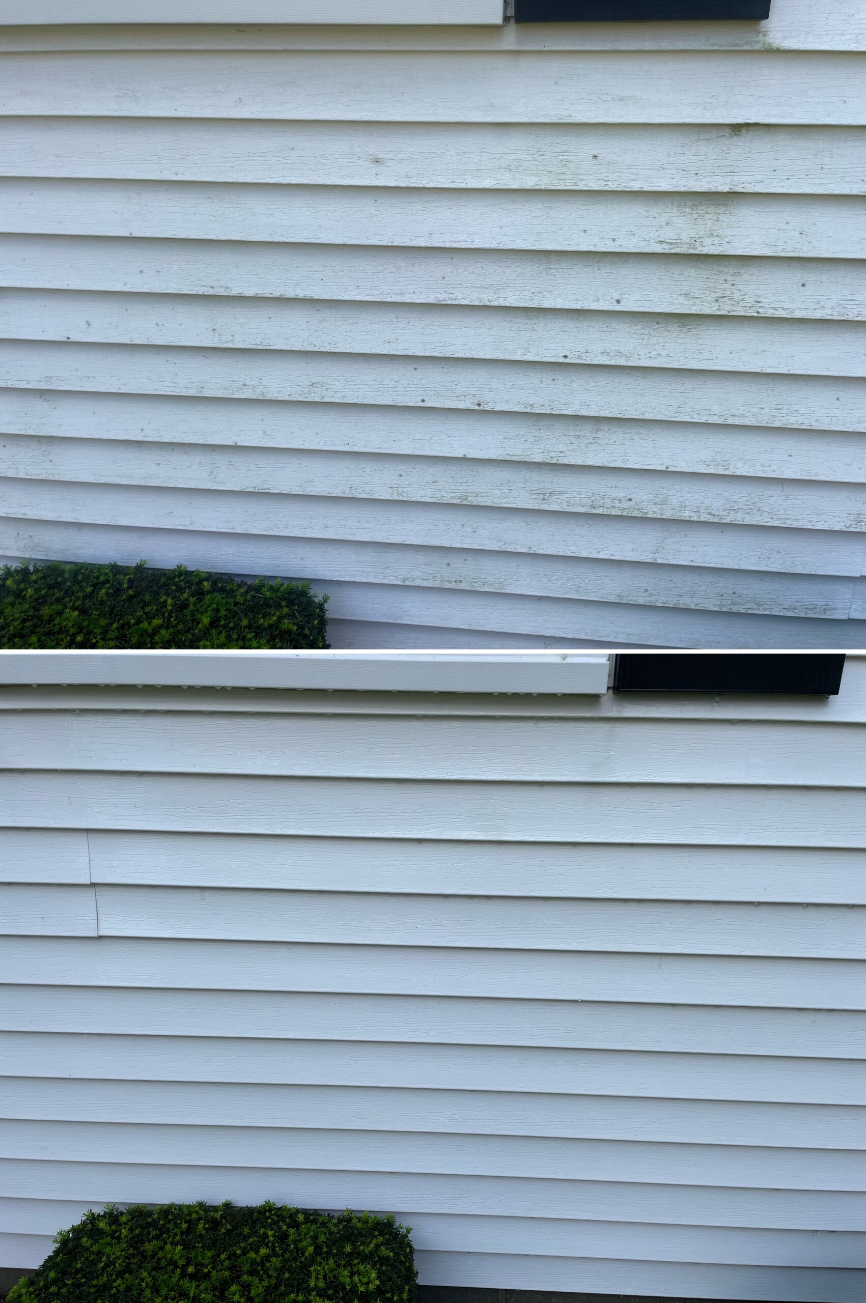 Side‑by‑side exterior cleaning results showing a soft wash removing algae, mildew, and surface buildup to restore clean, bright siding on a home in McComb Ohio by Ohio Wash Boss.