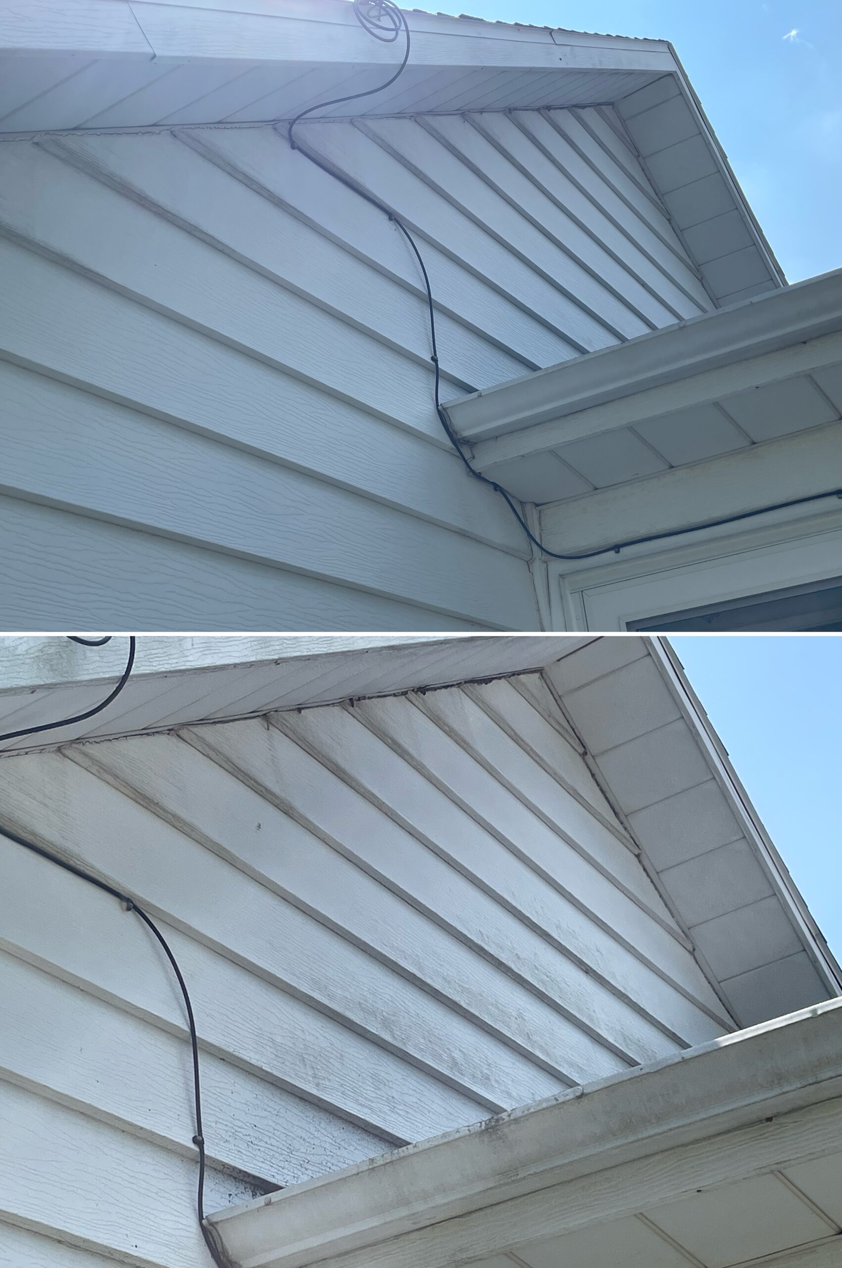 Before‑and‑after exterior cleaning comparison showing a soft wash removing algae, grime, and organic buildup to restore clean siding on a home in Dola Ohio by Ohio Wash Boss.