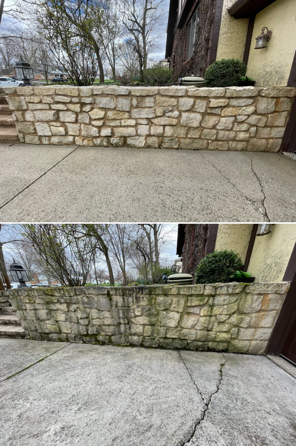 Before and after photo displaying algae removal on stone surface in shawnee ohio by ohio wash boss