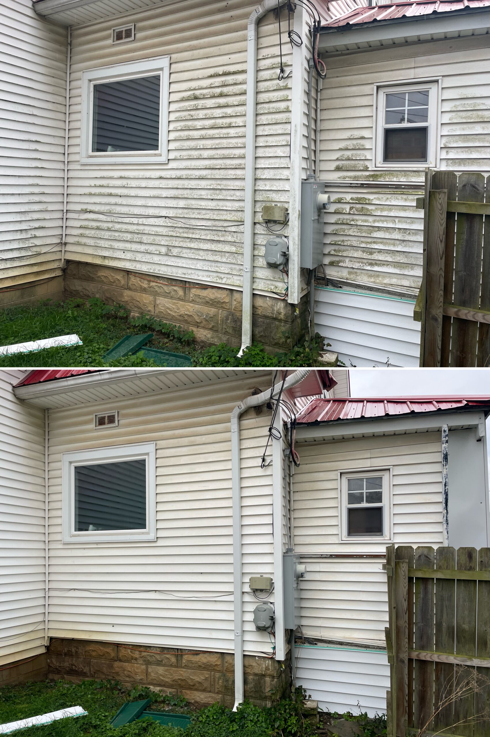Before and after house wash showing mold, algae, and dirt removal on vinyl siding in Haviland Ohio by Ohio Wash Boss.
