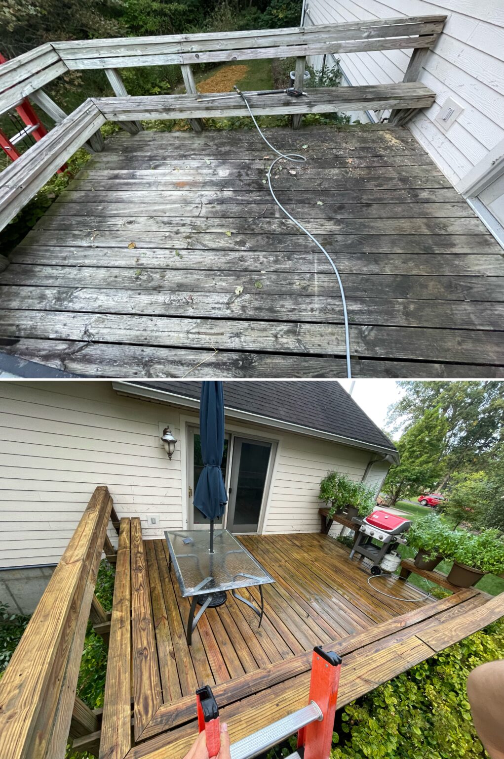 Before and after wood deck cleaning showing dirt and algae removal on a backyard deck in Lima Ohio by Ohio Wash Boss.