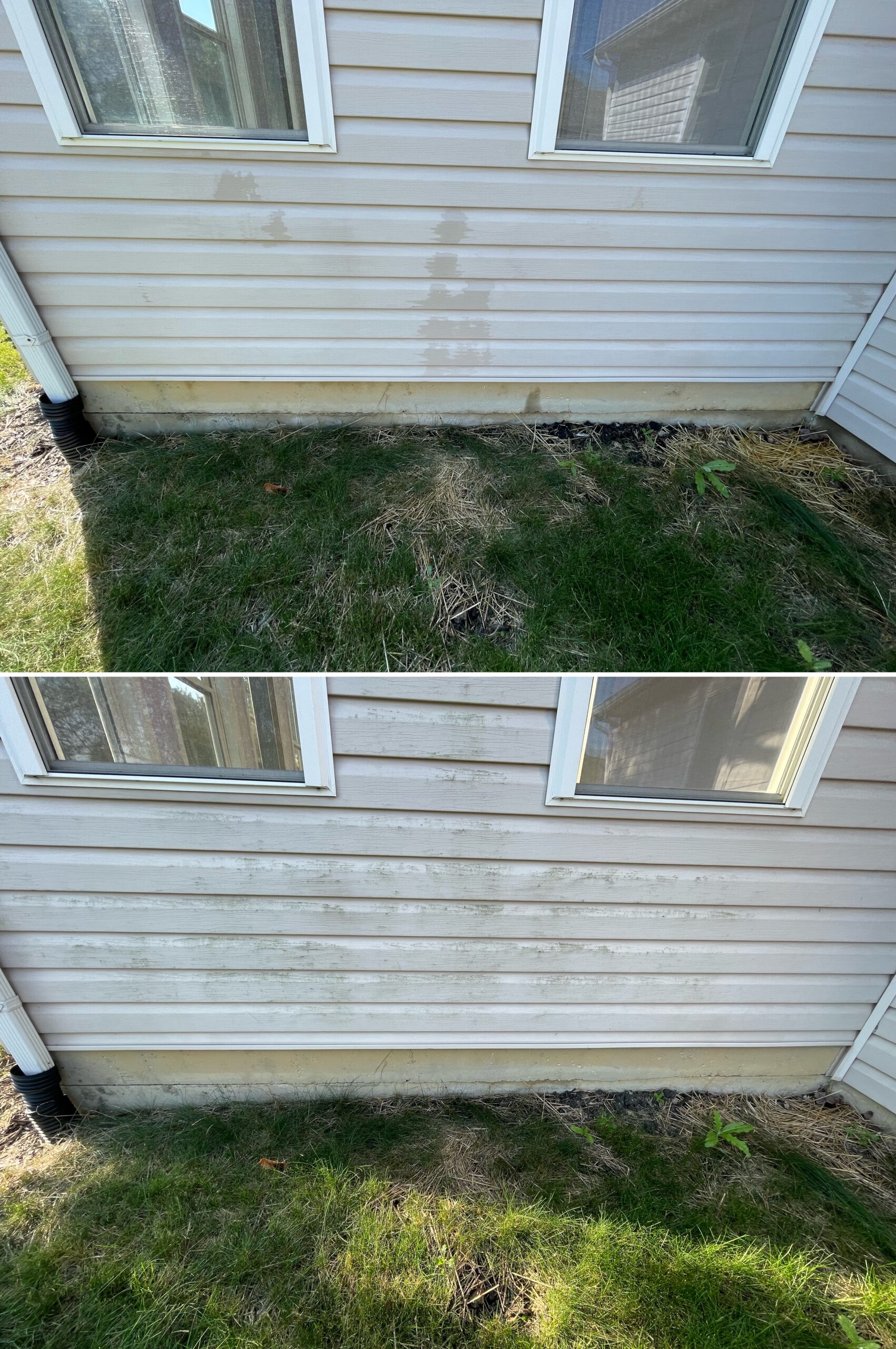 Side‑by‑side comparison of a professional soft wash removing algae, grime, and surface buildup from residential siding in Lima Ohio by Ohio Wash Boss.