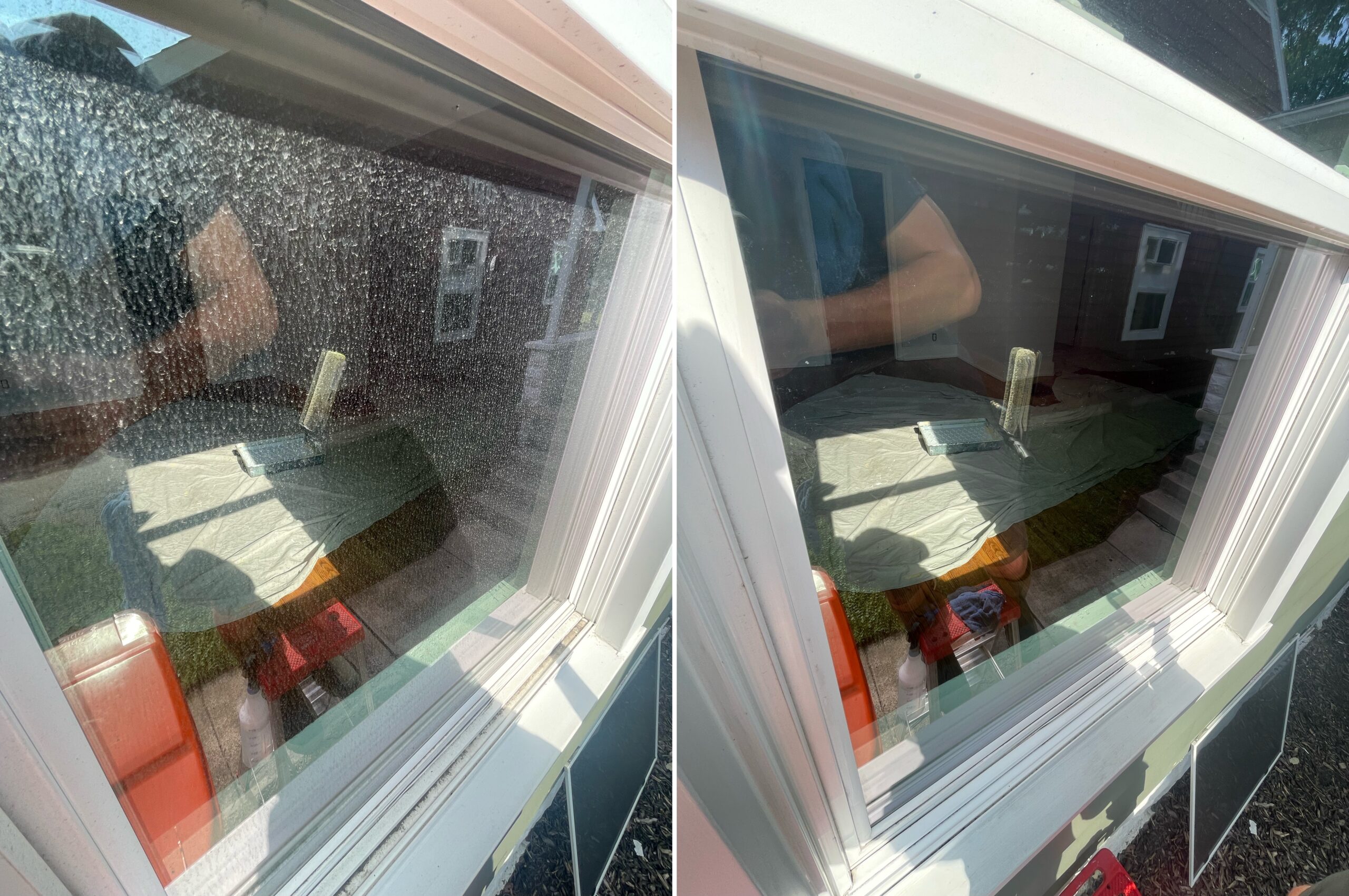 Before and after exterior window cleaning showing dirt and streak removal on residential windows in Harrod Ohio by Ohio Wash Boss