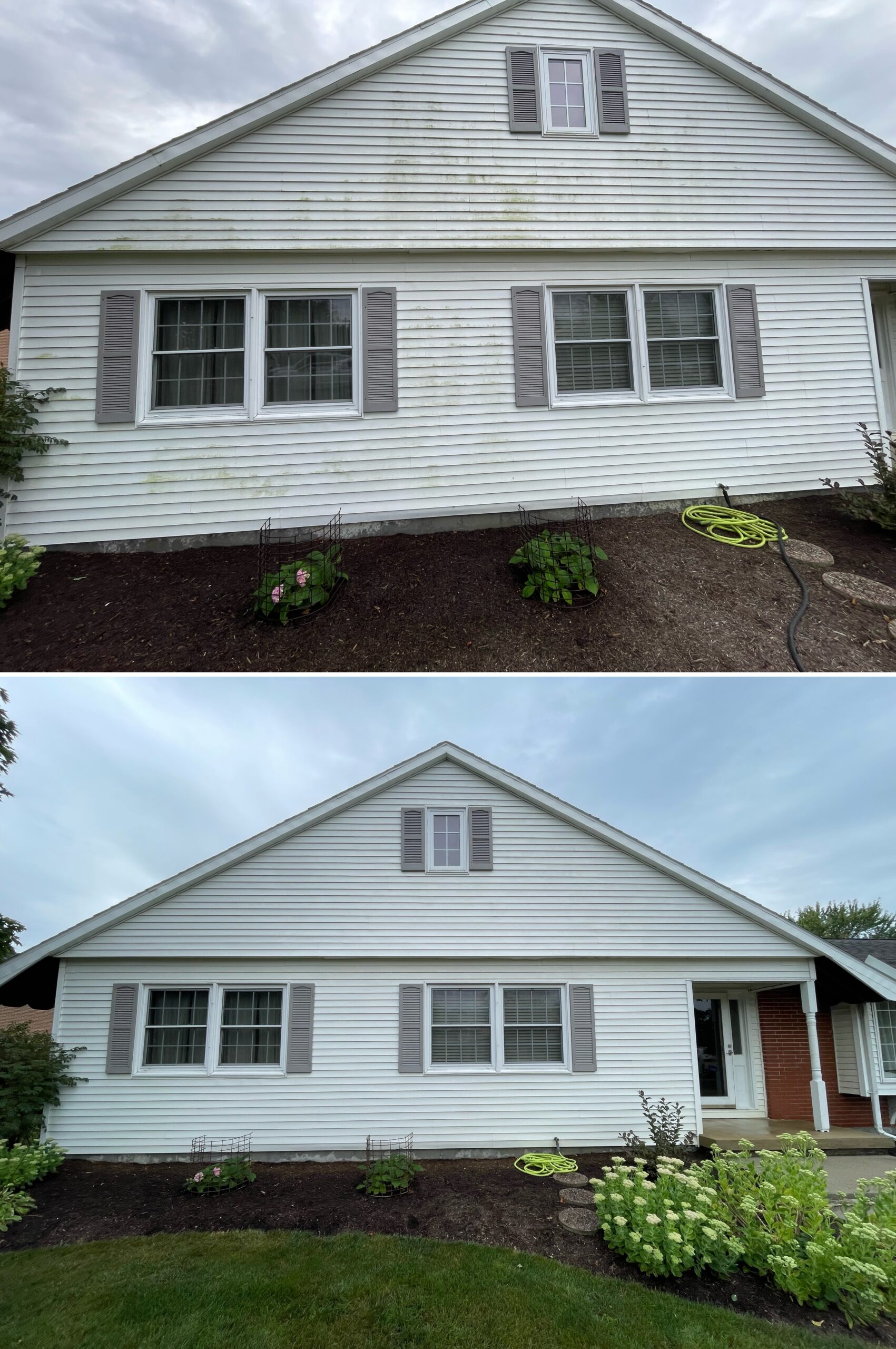 Comparison image showing a professional exterior house wash lifting away organic growth and surface staining from residential siding in Columbus Grove Ohio by Ohio Wash Boss
