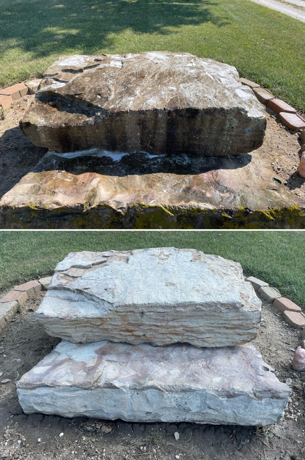 Before and after photo displaying algae removal on stone surface in lima ohio by ohio wash boss
