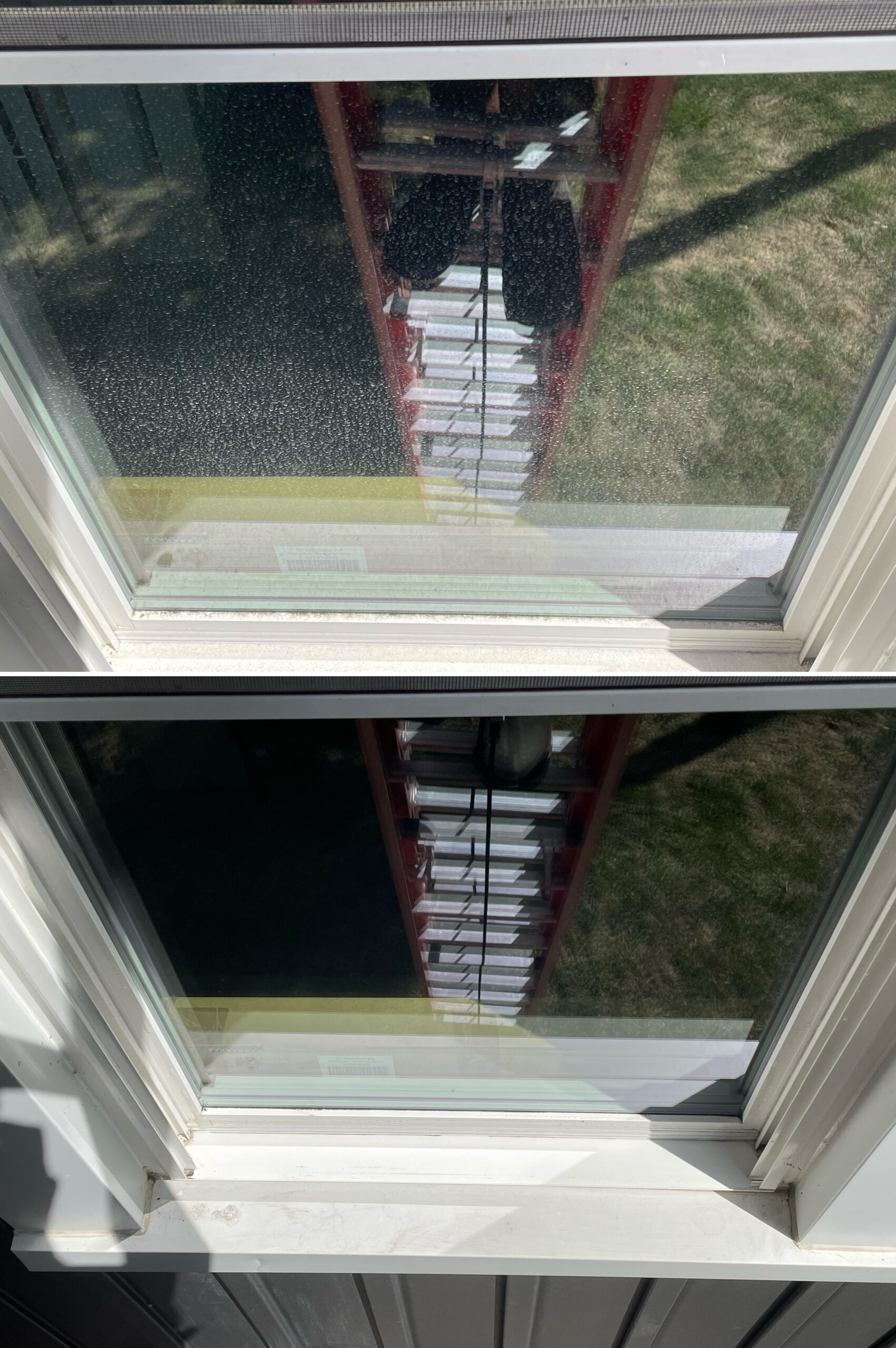 Before and after exterior window cleaning showing dirt and streak removal on residential windows in Kenton Ohio by Ohio Wash Boss.