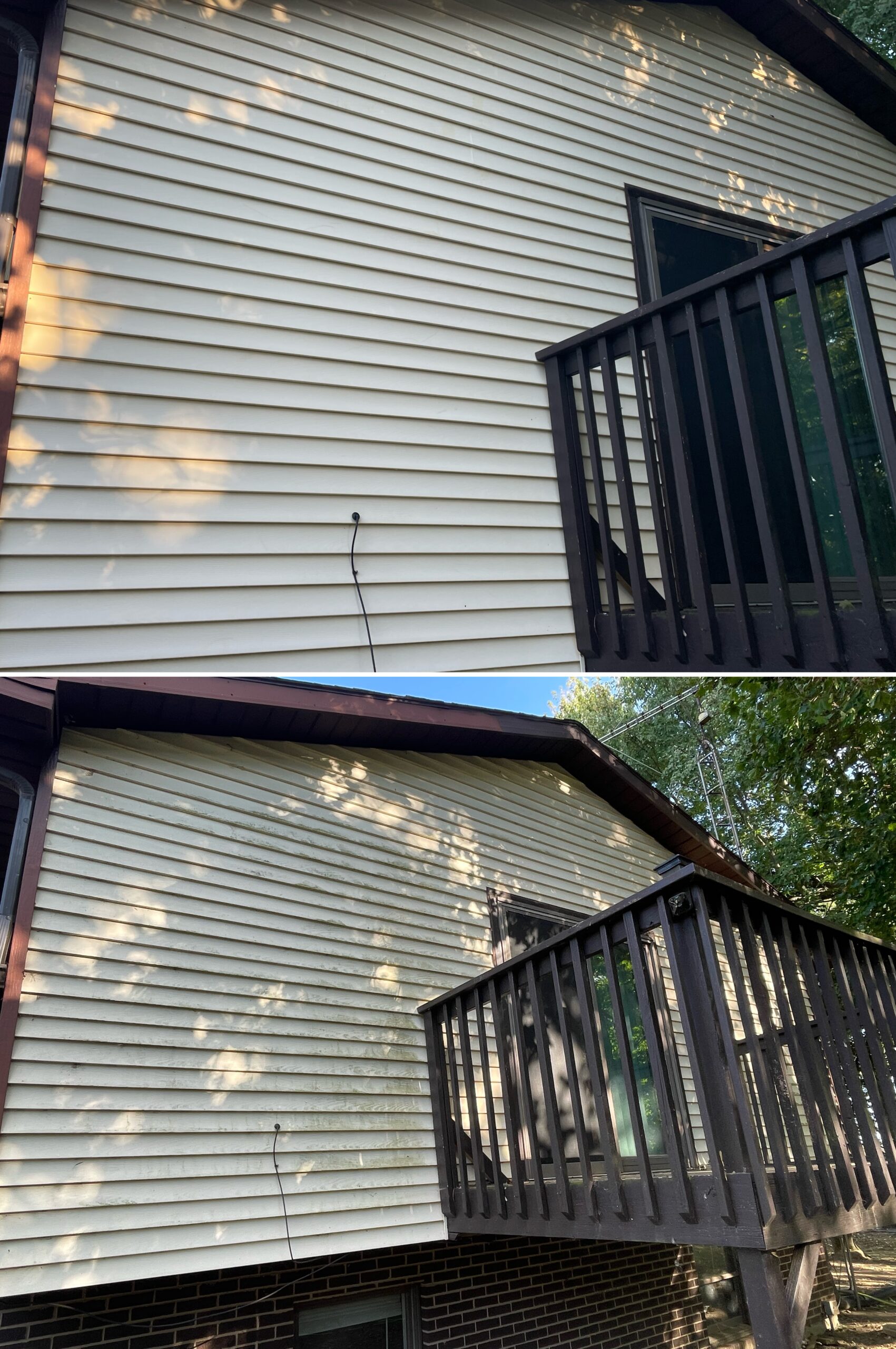Before and after house wash showing mold, algae, and dirt removal on vinyl siding in Pandora Ohio by Ohio Wash Boss