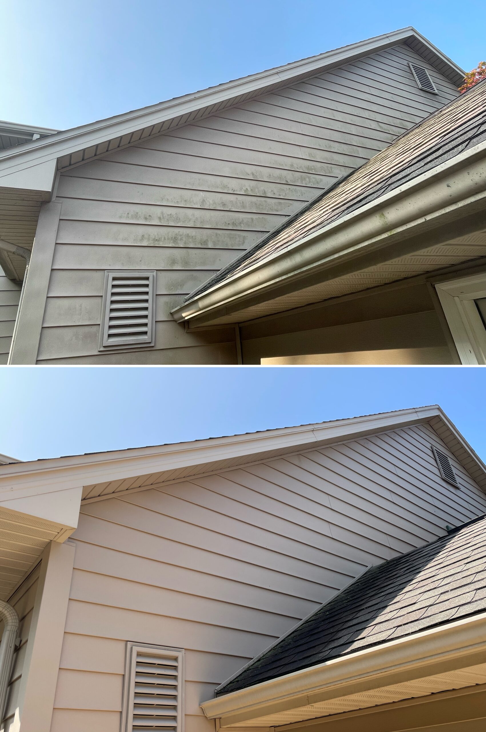 Before and after house wash showing mold, algae, and dirt removal on vinyl siding in Spencerville Ohio by Ohio Wash Boss.