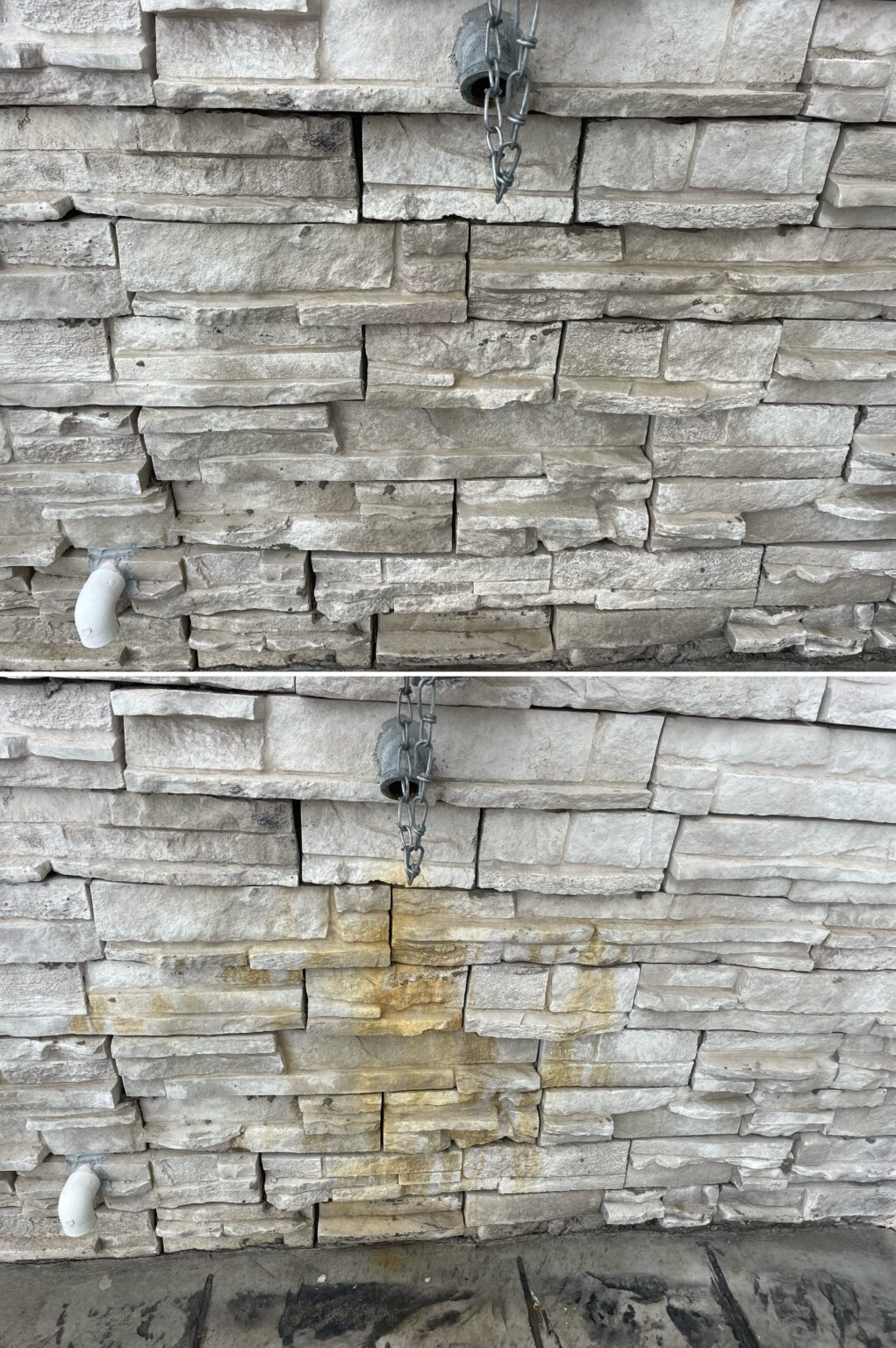 Before and after photo displaying rust removal on stone surface in Findlay ohio by ohio wash boss