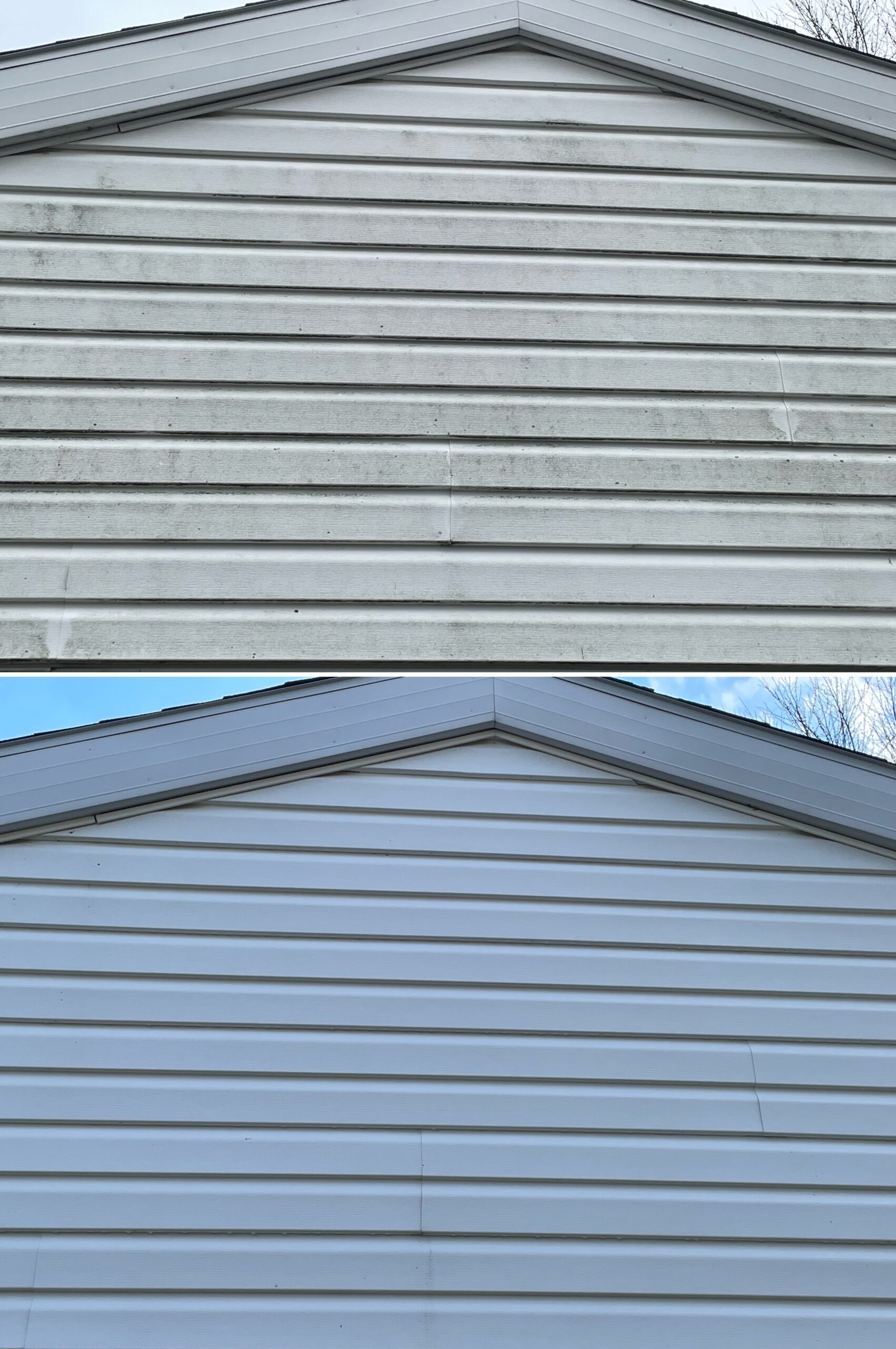 Before and after house wash showing mold, algae, and dirt removal on vinyl siding in Cairo Ohio by Ohio Wash Boss