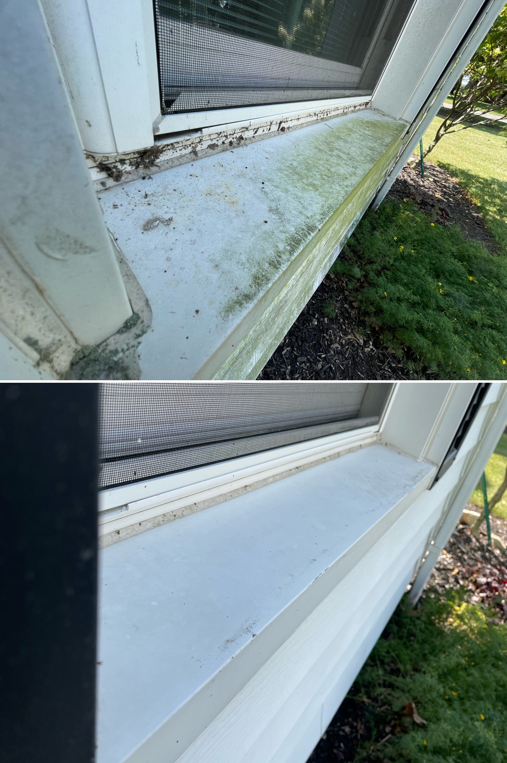Before and after window sill cleaning showing dirt and debris removal on residential window sills in Ottawa Ohio by Ohio Wash Boss