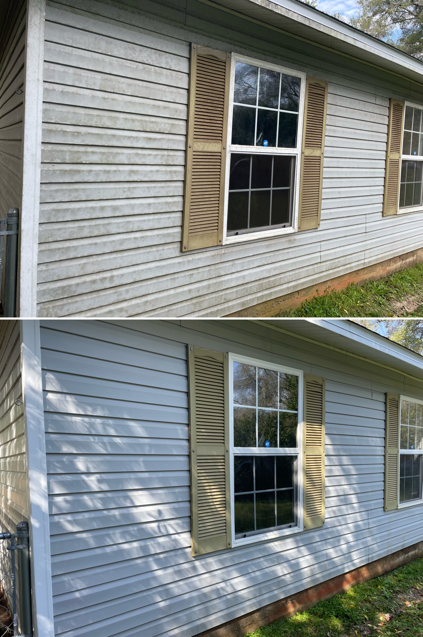 Before and after house wash showing mold, algae, and dirt removal on vinyl siding in Mount Cory Ohio by Ohio Wash Boss.