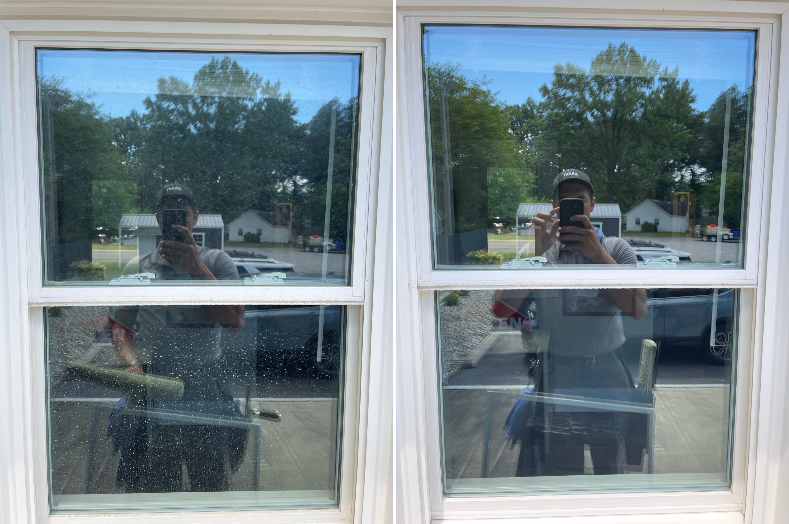 Before and after exterior window cleaning showing dirt and streak removal on residential windows in Beaverdam Ohio by Ohio Wash Boss