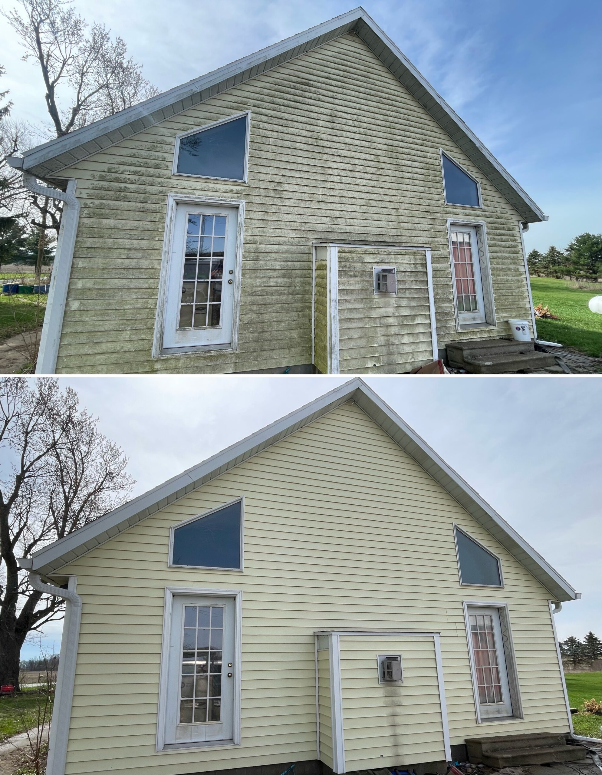 Before and after house wash showing mold, algae, and dirt removal on vinyl siding in LaFayette Ohio by Ohio Wash Boss