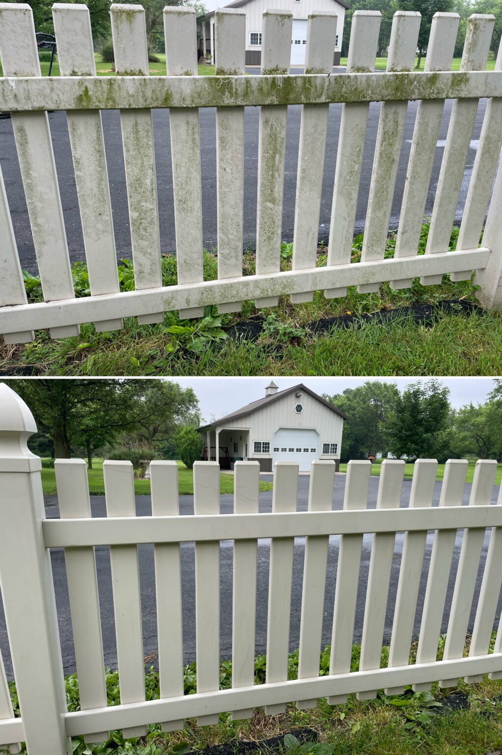 Before and after vinyl fence cleaning showing algae and dirt removal on a white fence in Findlay Ohio by Ohio Wash Boss