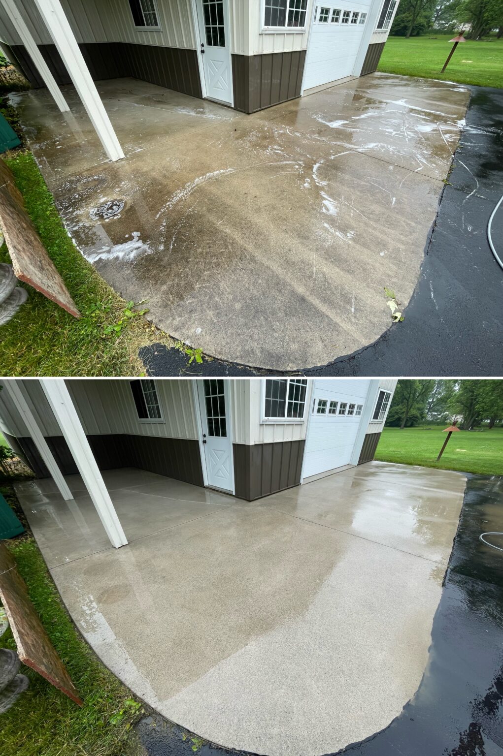 Before and after concrete slab cleaning showing dirt and algae removal on a residential patio in Findlay Ohio by Ohio Wash Boss
