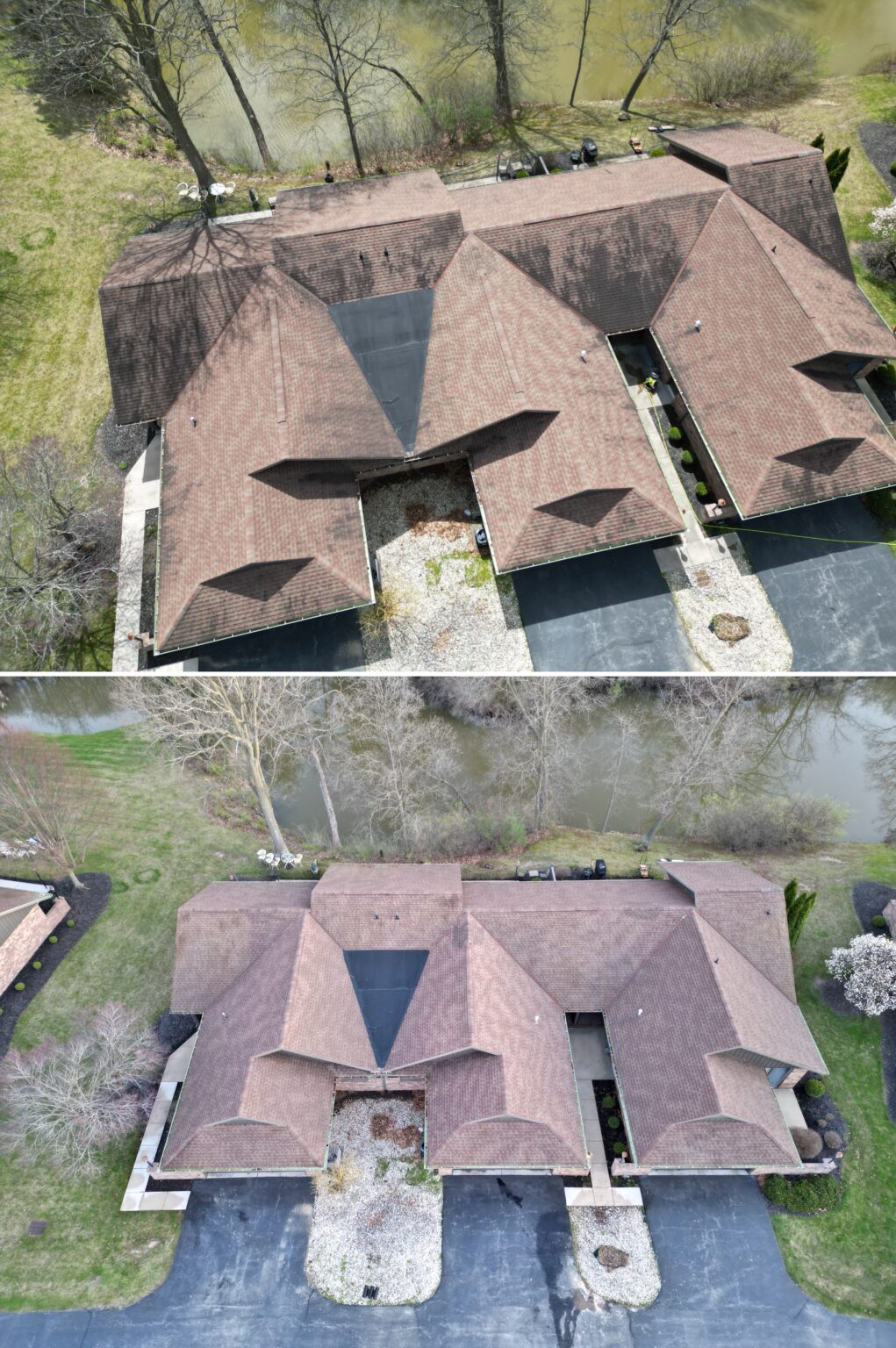 Before and after photo displaying dirt removal on a roof Findlay ohio by ohio wash boss