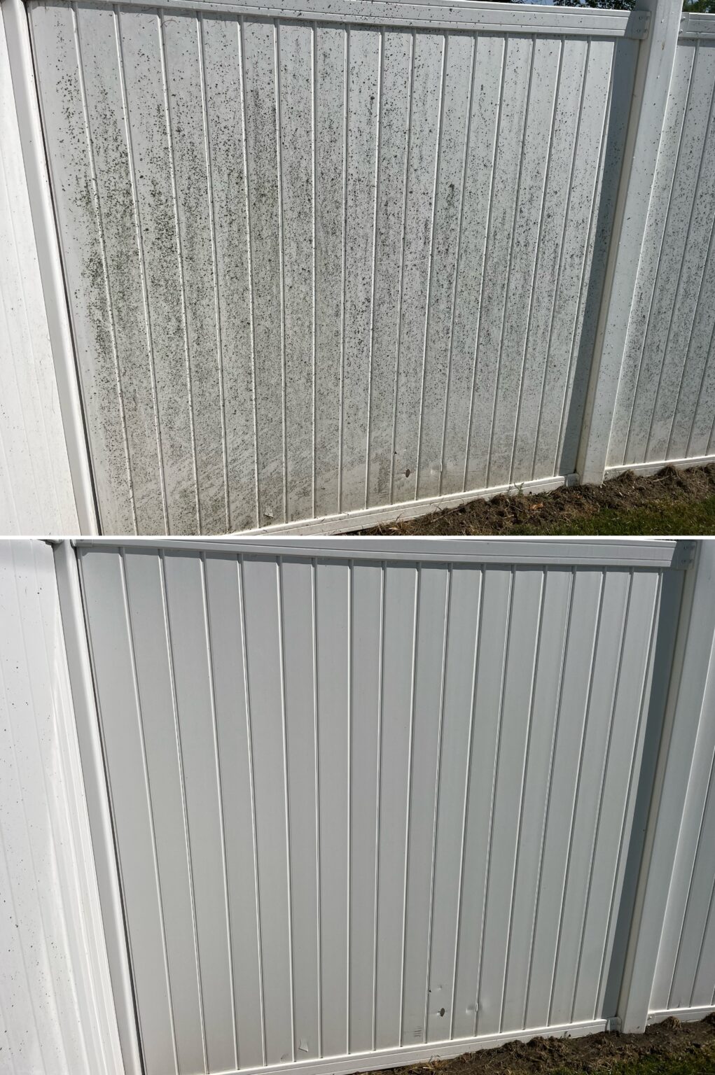 Before and after vinyl fence cleaning showing algae and dirt removal on a white fence in Elida Ohio by Ohio Wash Boss