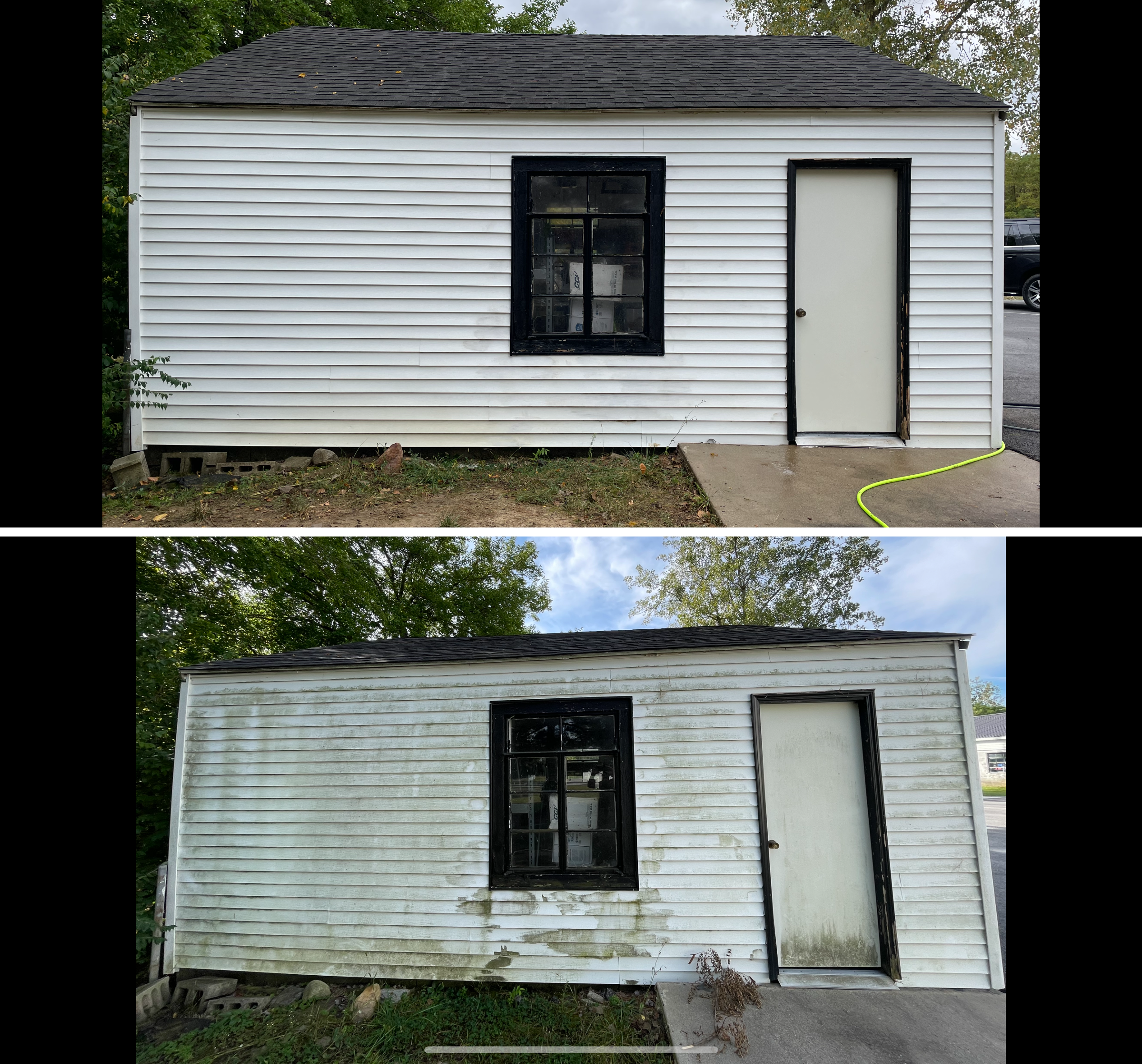 Before‑and‑after comparison showing a professional exterior wash restoring brightness to residential siding by removing algae, mildew, and surface discoloration in Elida Ohio by Ohio Wash Boss.